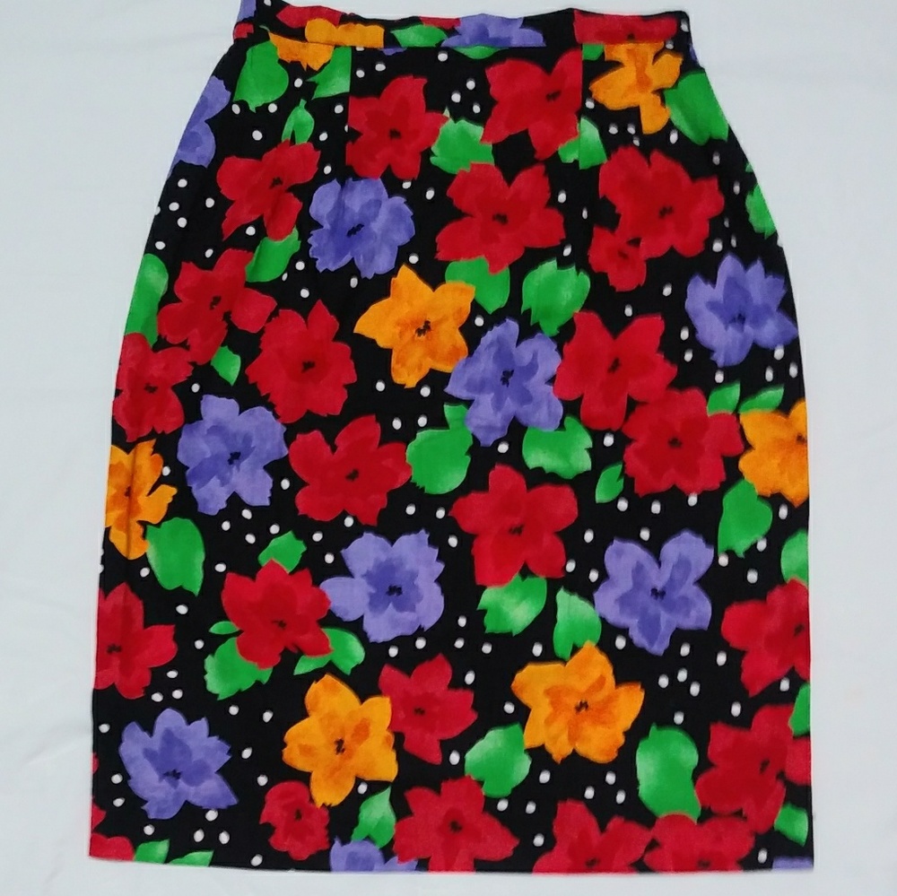 Vintage Made In USA Bright Floral w/ White polka dot Skirt